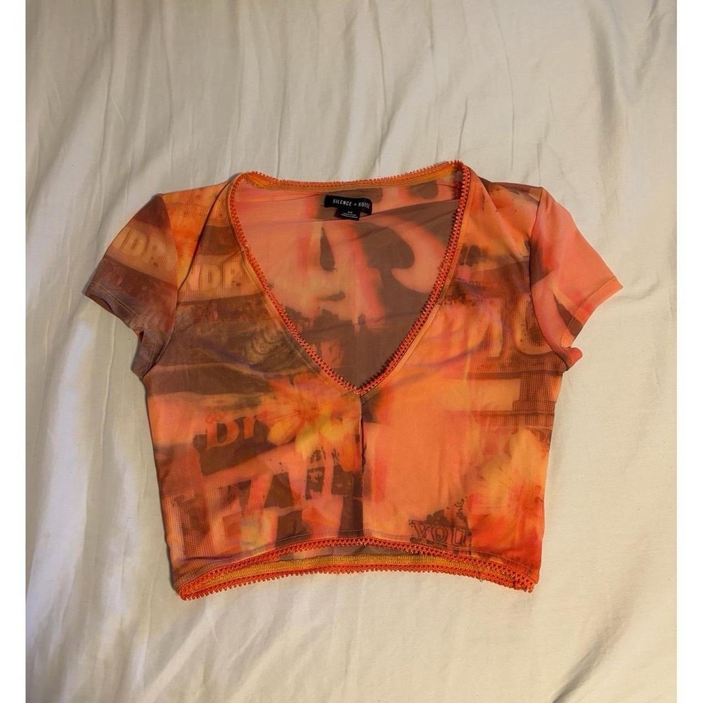Urban Outfitters Silence + Noise Mesh Graphic Print Cutout Crop Top